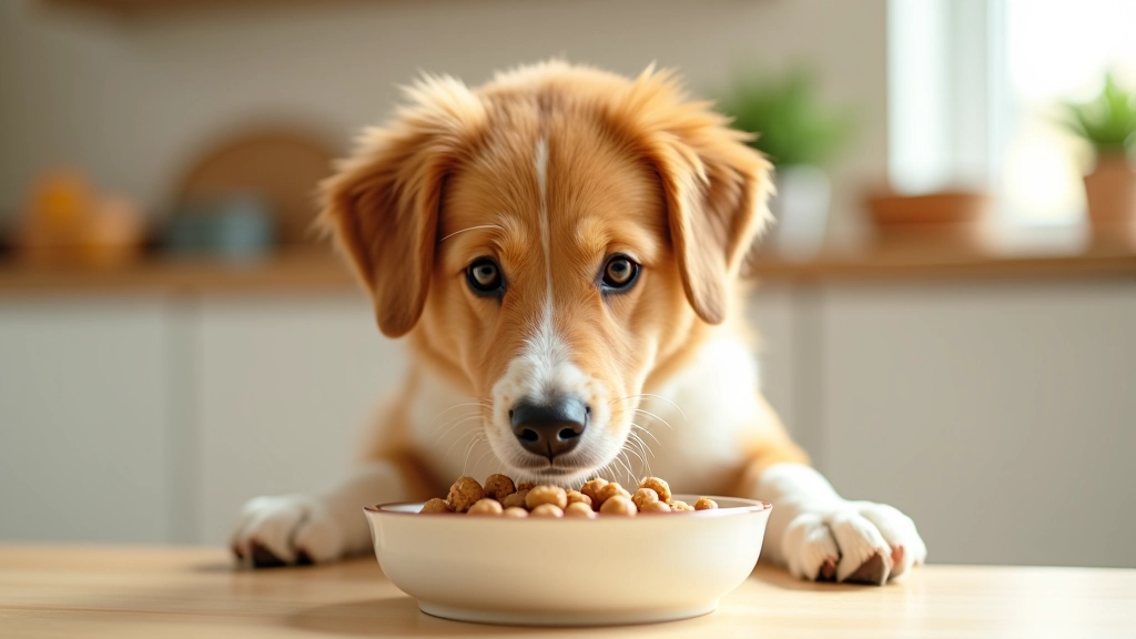 Dog eating from bowl in kitchen