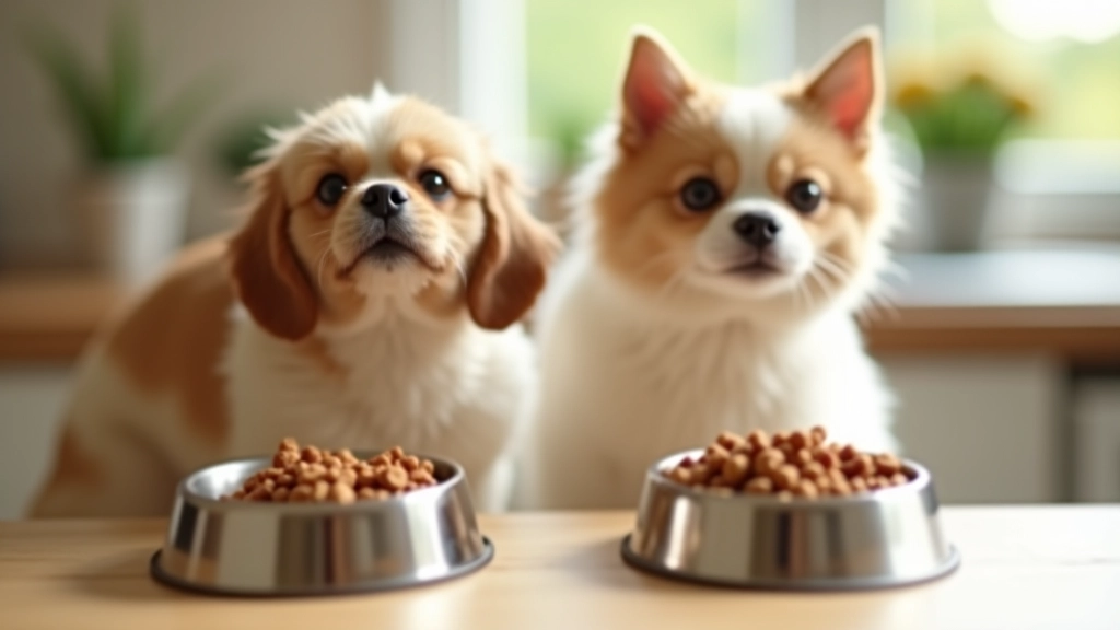 Gamelles de nourriture pour chien et chat avec différents types de croquettes et pâtées