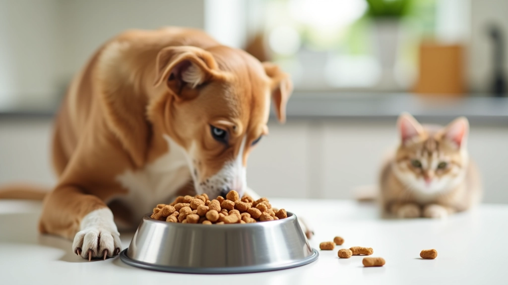 Différents types d'aliments pour animaux de compagnie : croquettes, pâtée, et nourriture fraîche dans des bols