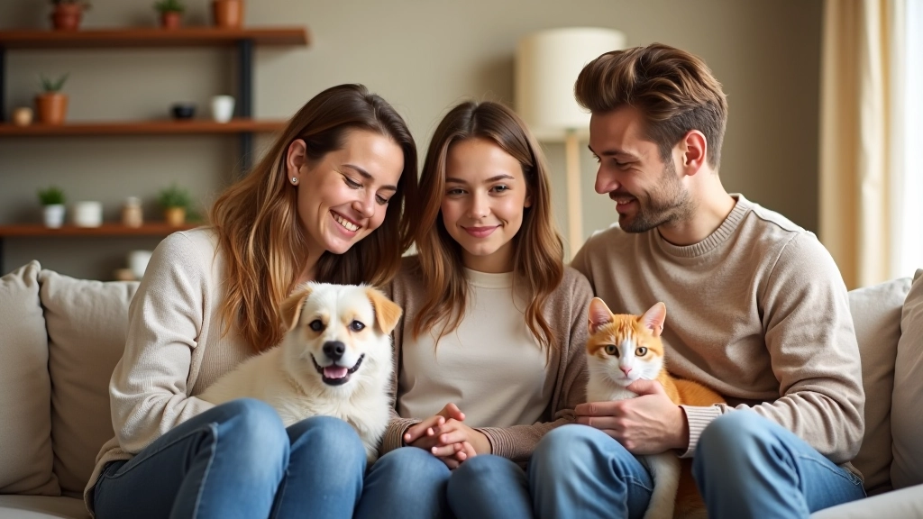 Famille avec animaux de compagnie dans un intérieur chaleureux et accueillant