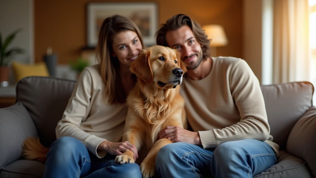 Famille assise sur le canapé avec un chien golden retriever, moment de détente à la maison
