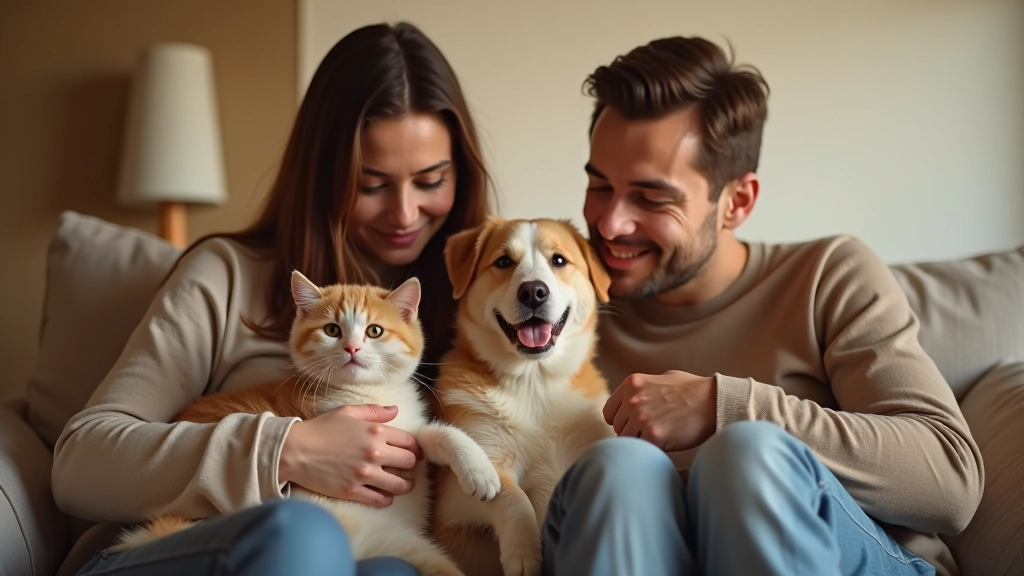 Famille avec chien et chat à la maison, moment chaleureux, intérieur moderne et accueillant, lumière naturelle douce