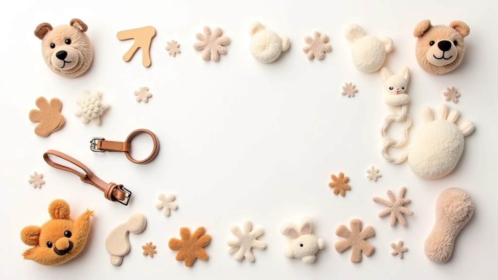 Collection d'accessoires pour animaux de compagnie : jouets, laisse, collier, panier confortable sur fond blanc