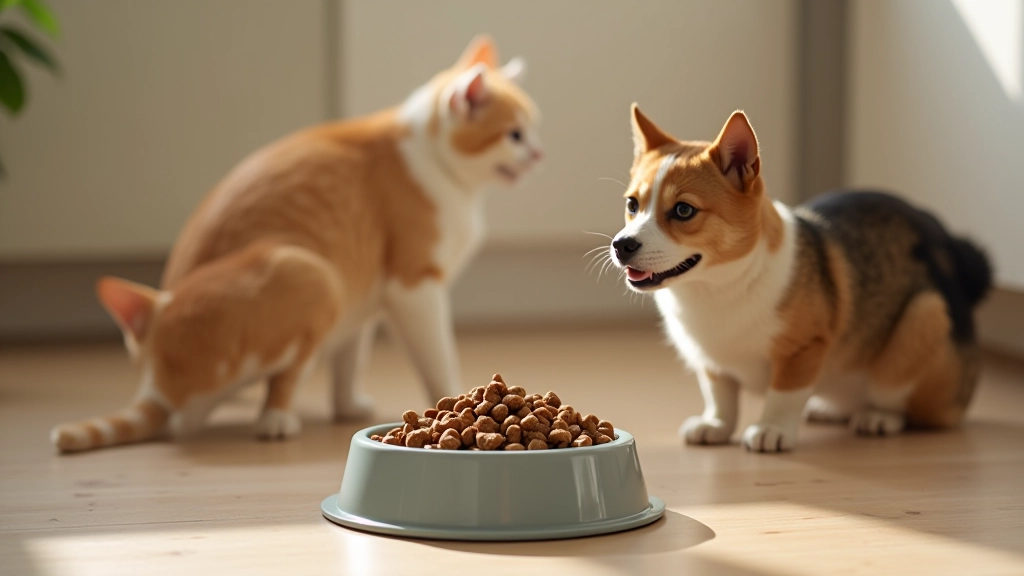 Bol de nourriture pour chien avec des croquettes saines, avec un chaton attendant à proximité, éclairage naturel de cuisine