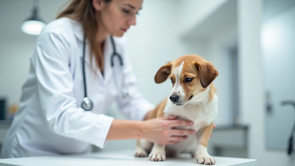 Vétérinaire examinant un chien en consultation, cabinet vétérinaire moderne