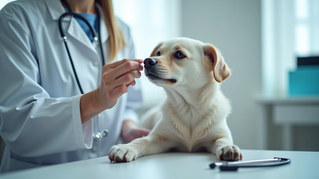 Vétérinaire effectuant un examen médical sur un chien, stéthoscope et équipement médical sur le bureau