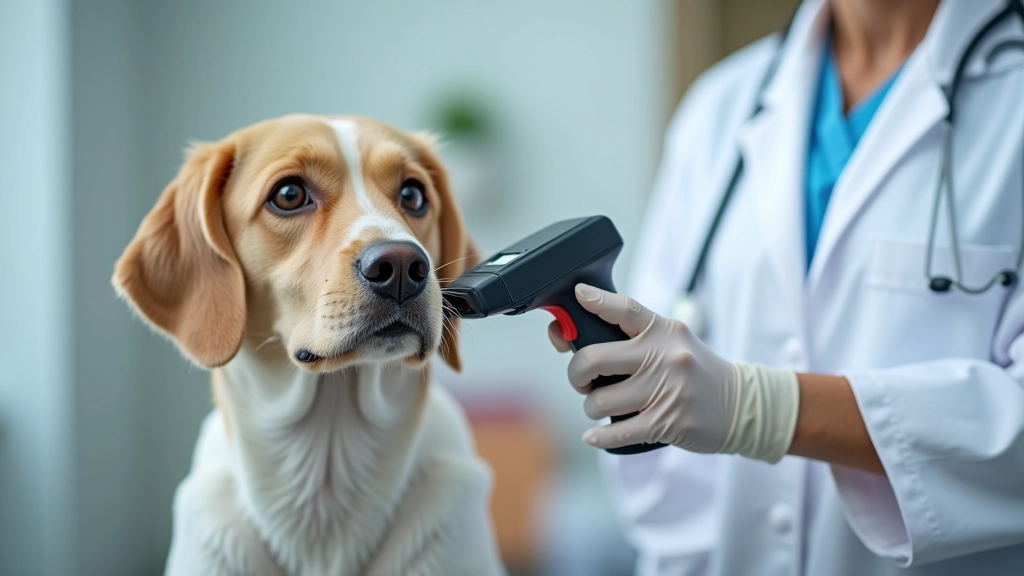 Vétérinaire tenant un lecteur de puce électronique avec un chien en arrière-plan dans une clinique propre