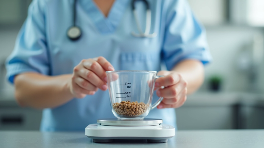Vétérinaire mesurant la nourriture d'un animal avec une tasse graduée et une balance alimentaire