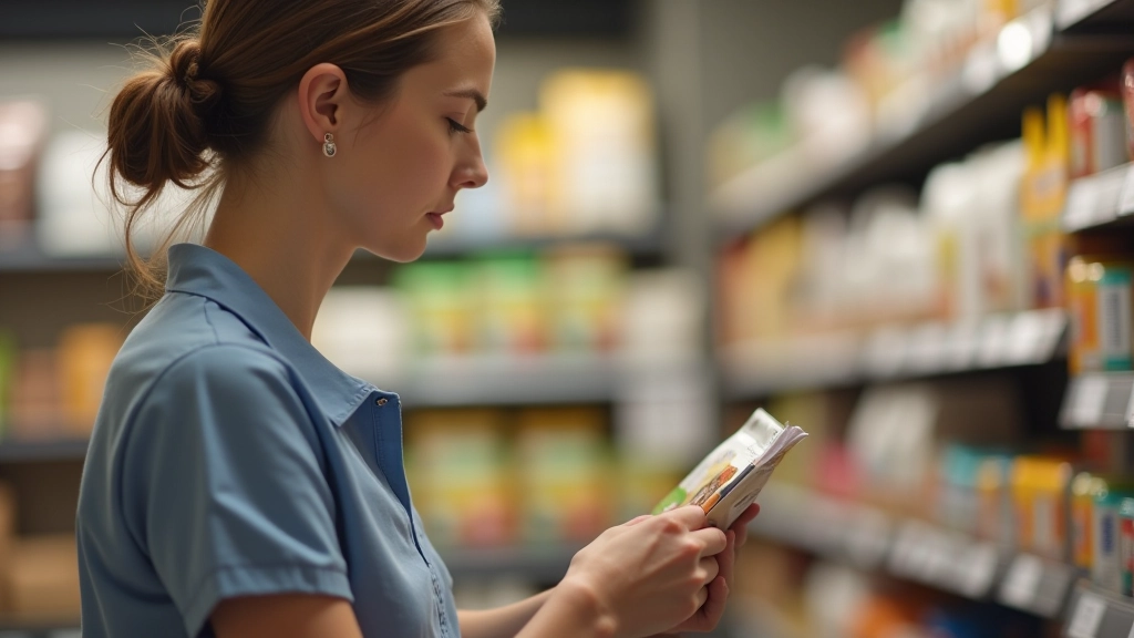 Femme comparant les étiquettes de nourriture pour animaux en animalerie, regardant les prix et compositions