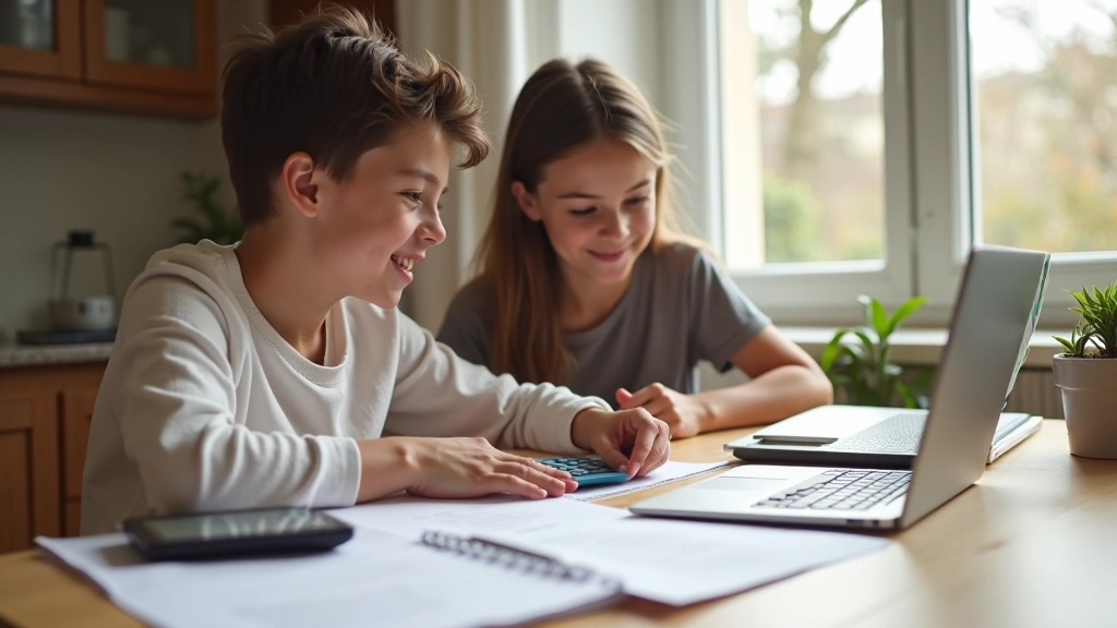 Family preparing budget planning spreadsheet